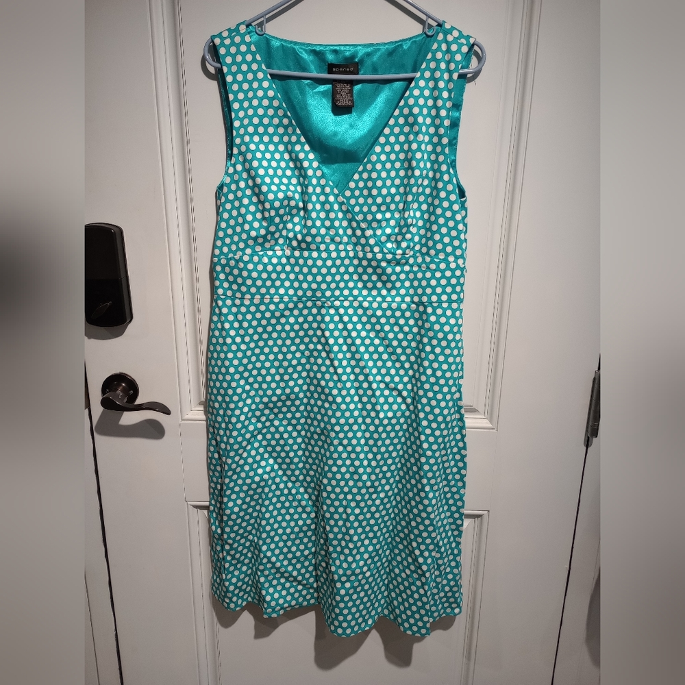 Spense polkadot sleeveless dress size missy 14 teal with white polka dots